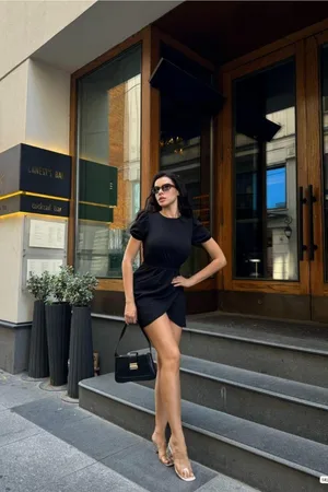 Bisiklet Yaka Mini Kısa Elbise Kollu