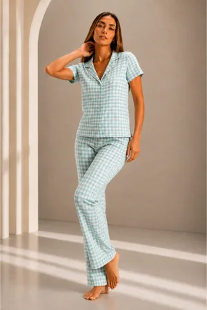 Kadın Kısa Kol Rahat Kalıp Şık Su Yeşili Pijama Takımı