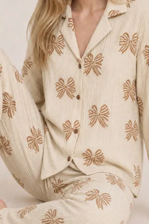 Kadın Uzun Kol Rahat Krem Pijama Takımı 4759
