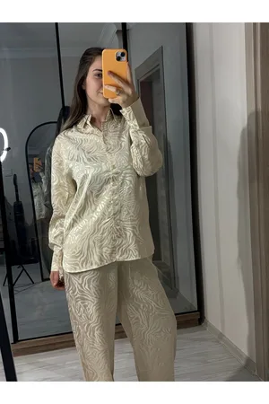 Kadın Ekru Saten Jakarlı Bol Paça Pantolon Gömlek İkili Takım
