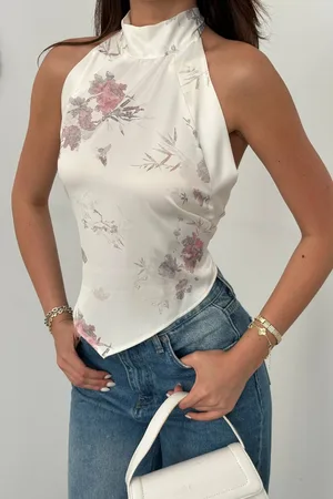 Ekru Saten Soft Çiçekli Bağlamalı Bluz