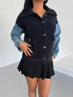 Denim Kol Detaylı Kontrast Ceket – Güçlü Stil, Net Duruş - Siyah
