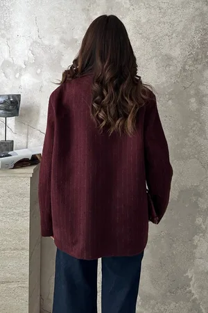 Bordo Çizgili Yün Ceket
