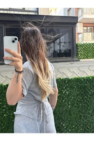 Suprem Vatkalı Viskon Kumaş Şalvarlı Sırt Bağcıklı Takım - Gri