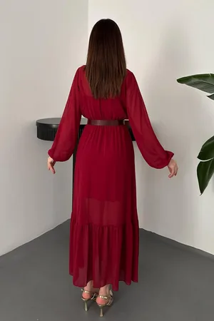 Bordo Eteği Fırfırlı Şifon Elbise