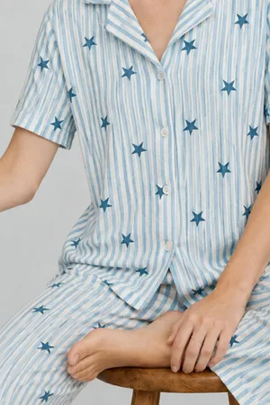 Kadın Kısa Kollu Rahat Mavi Pijama Takımı 4728