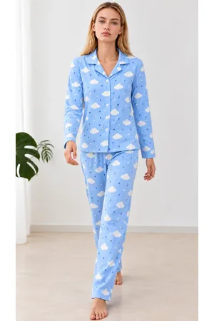 Kadın Desenli Gömlek Yaka Mavi Pijama Takımı 4831