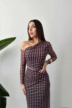 Kahverengi Ekose Desen Tül Elbise