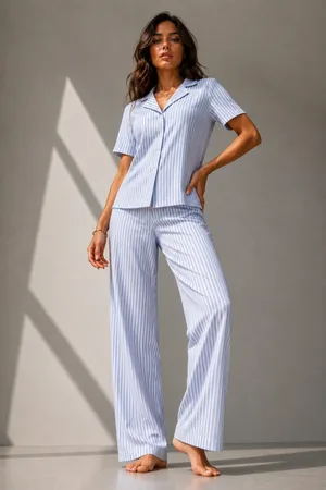 Kadın Klasik Doğal Düğme Gece Mavi Pijama Takımı