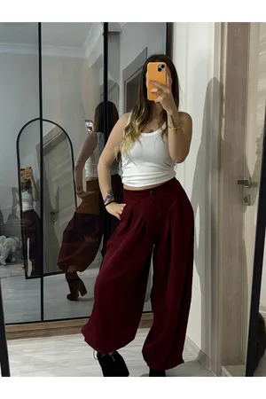 Double Atlas Kumaş Pileli Paça Lastikli Pantolon - Bordo