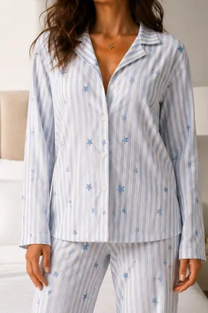Kadın Uzun Kol Pamuklu Mavi Pijama Takımı