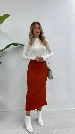 Kiremit Renk Yüksek Bel Midi Kalem Etek - Kırmızı