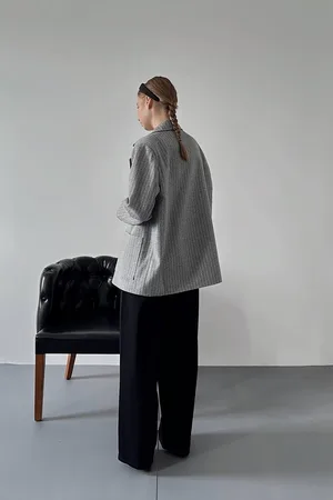 Gri Çizgili Oversize Ceket