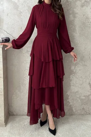 Bordo Kat Kat Bel Detaylı Elbise