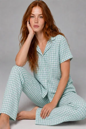 Kare Desenli Bürümçük kumaş Kısa Kollu Pijama Takımı 6065 Su Yeşili