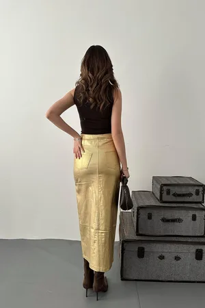 Altın Varaklı Gabardin Yırtmaçlı Etek