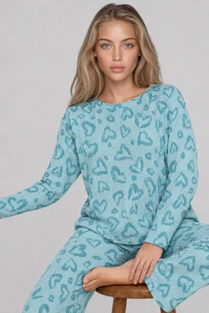 Kadın Desenli Uzun Kollu Mint Yeşili Pijama Takımı 4760