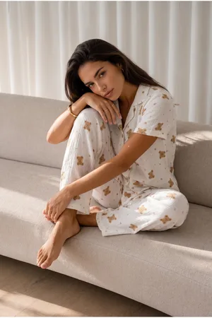 Kadın Loose Uzun Paça Pamuk Kırık Beyaz Pijama Takımı