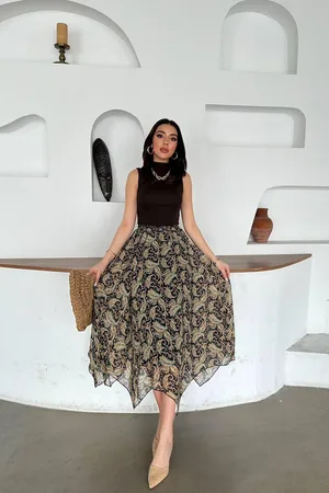 Lacivert Desenli Şifon Dilimli Etek