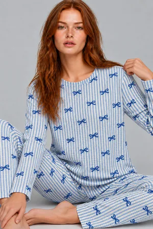 Kadın Desenli İkili Mavi Rahat Pijama Takımı 4815