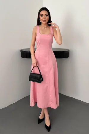 Pembe Çift Dikişli Gabardin Elbise - Pembe
