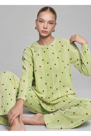 3'Lü Kadın Desenli Uzun Kollu Pijama Takımı Yeşil