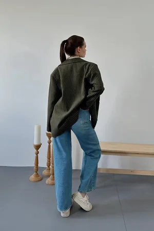 Haki Çizgili Oversize Ceket