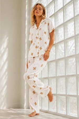 Kadın Genç Loose İpliği Boyalı Kırık Beyaz Pijama Takımı