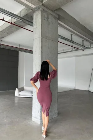 Krep Yaka Abiye Kumaş Kemerli Elbise V