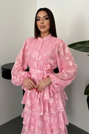 Pembe Kat Kat Volanlı Elbise - Pembe