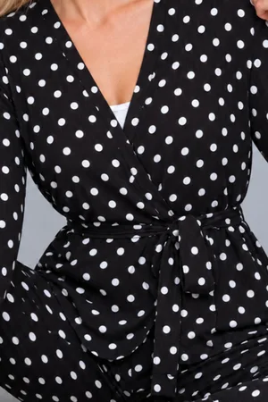 Kadın Desenli Ev Stili Kuşaklı Siyah Pijama Takımı 4806