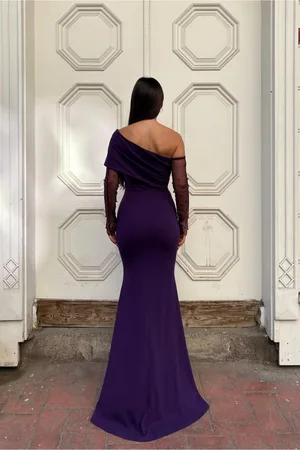 Asimetrik Abiye Kesim Balık Yaka Elbise