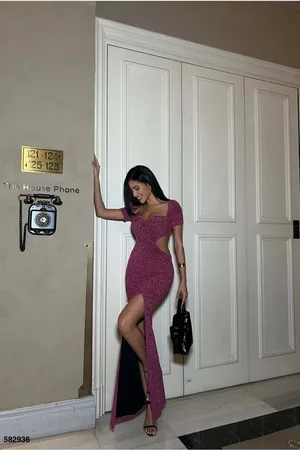 Degaje Kollu Abiye Kısa Yaka Yırtmaçlı Elbise
