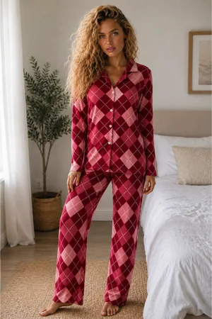 Kadın Örme Gömlek Yaka Kırmızı Pijama Takımı