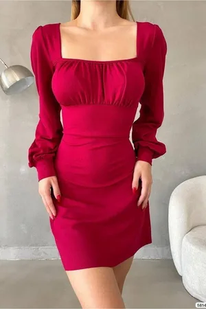 Krep Uzun Yaka Kare Kumaş Elbise Kollu