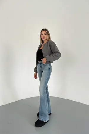 Kadın Ceket Crop Basic Gri Fermuarlı Koyu Bomber
