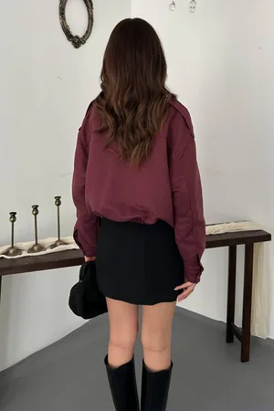Bordo Dik Yakalı Kısa Ceket