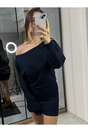 Modal Kumaş Kayık Yaka Mini Elbise - Lacivert