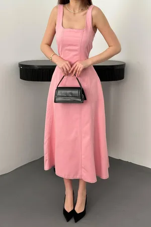 Pembe Çift Dikişli Gabardin Elbise - Pembe