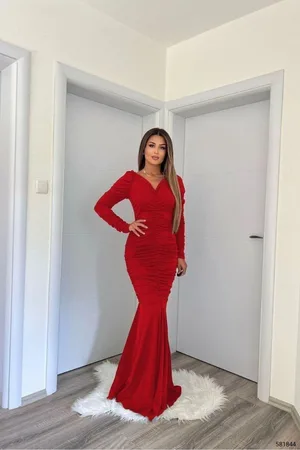 Krep Yaka Balık Abiye Kesim Kumaş Elbise V