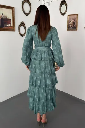 Mint Valonlu Şeritli Uzun Elbise