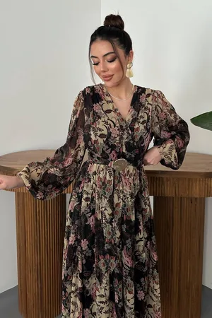 Siyah Simli Kemerli Elbise - Siyah