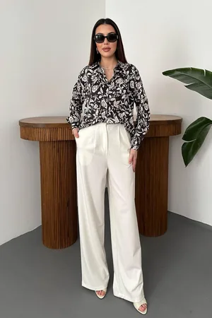 Siyah Desenli Oversize Viskon Gömlek - Siyah