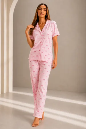 Kadın Kısa Kol Rahat Kalıp Şık Pembe Pijama Takımı