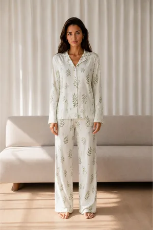 Kadın Desenli Basic Kış Çağla Yeşili Pijama Takımı