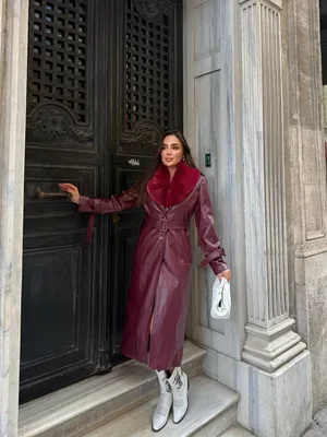 Kemerli, Kürk Detaylı Uzun Deri  Kadın Kaban - Bordo
