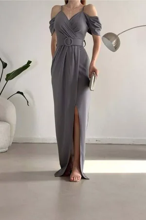 Krep Yaka Abiye Kumaş Elbise V Yırtmaçlı