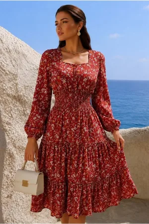 Kare Uzun Yaka Midi Detaylı Gipe Elbise Kollu
