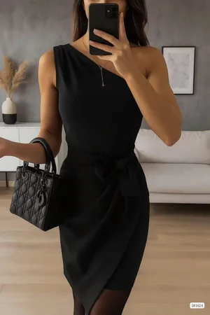 Krep Tek Omuz Kumaş Elbise Kuşaklı