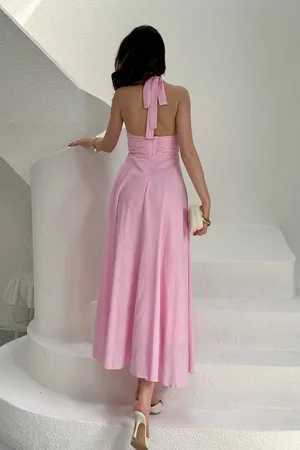 Pembe Askılı Keten Elbise